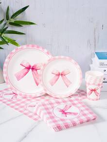 粉色蝴蝶结格子生日快乐一次性餐盘、餐巾纸、杯子、桌布和横幅套装，8人份派对用品套装，适合生日、婚礼、主题派对、家庭野餐等场合。 - 彩色 - 查看 3