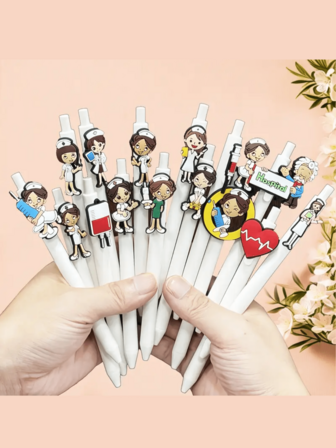 8/10/12/20/24/30/36 Pcs Nurse Theme Gel Pen Refills, White PVC Soft Gel Pen Tip, Round Ballpoint Pen For Students, Random Style
