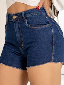 Short Jeans Feminino Cintura Alta – Barra Desfiada, 100% Algodão, Modela e Levanta o Bumbum - AZUL ESCURO - Visão 6