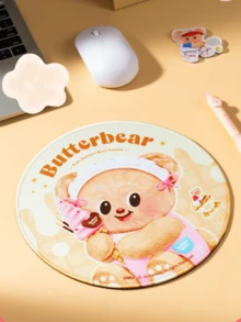 Butterbear圆形柔软腕托鼠标垫，毛绒质感表面，精致缝线，可爱Butterbear图案，温暖的粉彩色调（黄色/浅绿色），是青少年日常装饰和办公室/家庭桌面布置的理想之选，Butterbear粉丝收藏品，送给女朋友的可爱礼物 - 彩色 - 查看 6