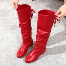Knee-High Boots With Elegant Laces And Bow Details - Square Toe, Thick Low Heel, Laced, With Artificial Cover And Rubber Sole, Available In White, Black And Red - Đỏ - Xem 1