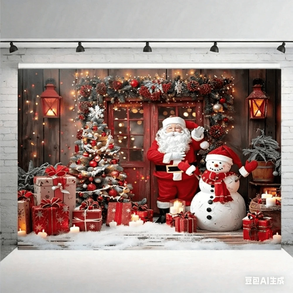 1pc Winter Rustic Wooden Door Backdrop Banner, Santa Claus Snowman Arch Christmas Tree Gift Box Candle Design, Suitable For Christmas Decoration, Home Christmas Party, Home Christmas Decor, Party Decoration During Holiday Season - Multicolor - View 1