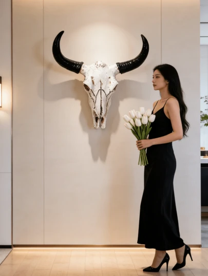 Decoración de pared de cráneo de buey vintage (cuerno de buey negro y blanco) - Ideal para la pared de la sala de estar, la decoración del dormitorio y los espacios con temática bohemia-chic. Agrega un ambiente retro único y es un acento de pared llamativo y popular para crear un interior de moda