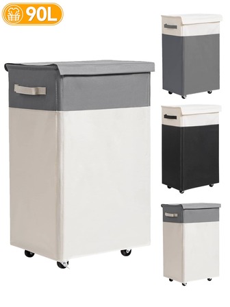 23.78 Gallon Rolling Laundry Basket With Lid, Extra Large Dual-Color Collapsible Laundry Hamper, Suitable For Bedroom, Bathroom And Closet Storage, Polyester Fabric, Easy To Clean, Laundry Room Accessory