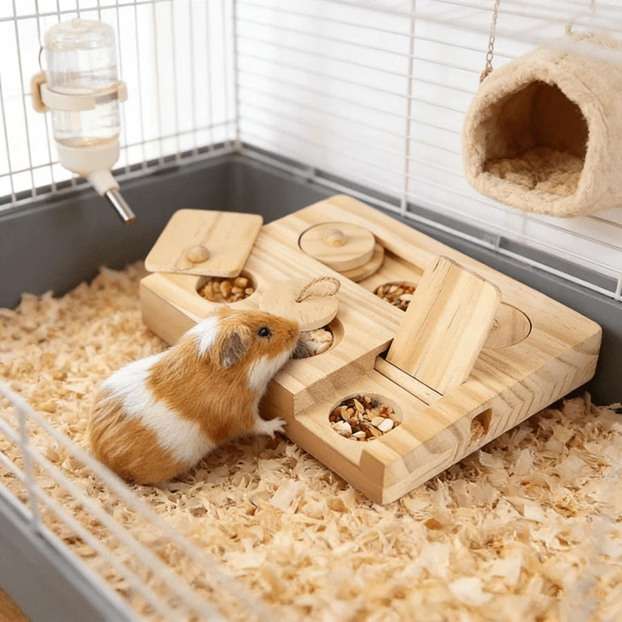 6-In-1 Wooden Interactive Puzzle Feeder Toy For Guinea Pigs, Hamsters, Rabbits, Mice And Gerbils - 1pcs - View 1
