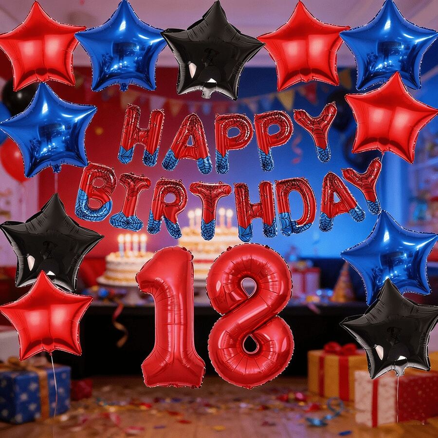 18英寸红、蓝、黑星形“生日快乐”铝箔气球，适合生日、超级英雄主题派对装饰 - 28件 - 查看 1
