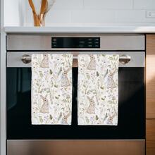 2 piezas Toallas de cocina con diseño minimalista de flores de primavera y conejos, de material suave de poliéster, adecuadas para decoración de cocina, limpieza, decoración de fiestas, artículos esenciales de cocina y baño, decoración del hogar, regalo de inauguración de casa - Multicolor - Ver 9