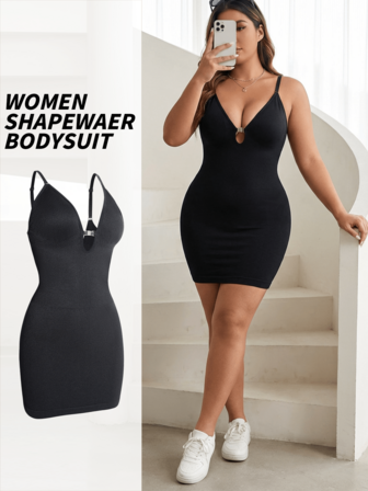 Vestido de control de figura sin costuras para mujer de talla grande, con diseño de cremallera frontal fácil de usar, vestido ajustado sexy con control de abdomen y elevación de cintura alta