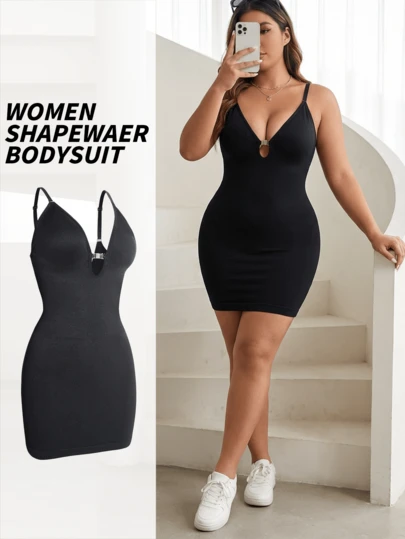 Plus Size Women Seamless Camisole Shapewear Dress, Front Unzip Design Easy To Wear, High Waist Tummy Control Lifting Sexy Bodycon Dress