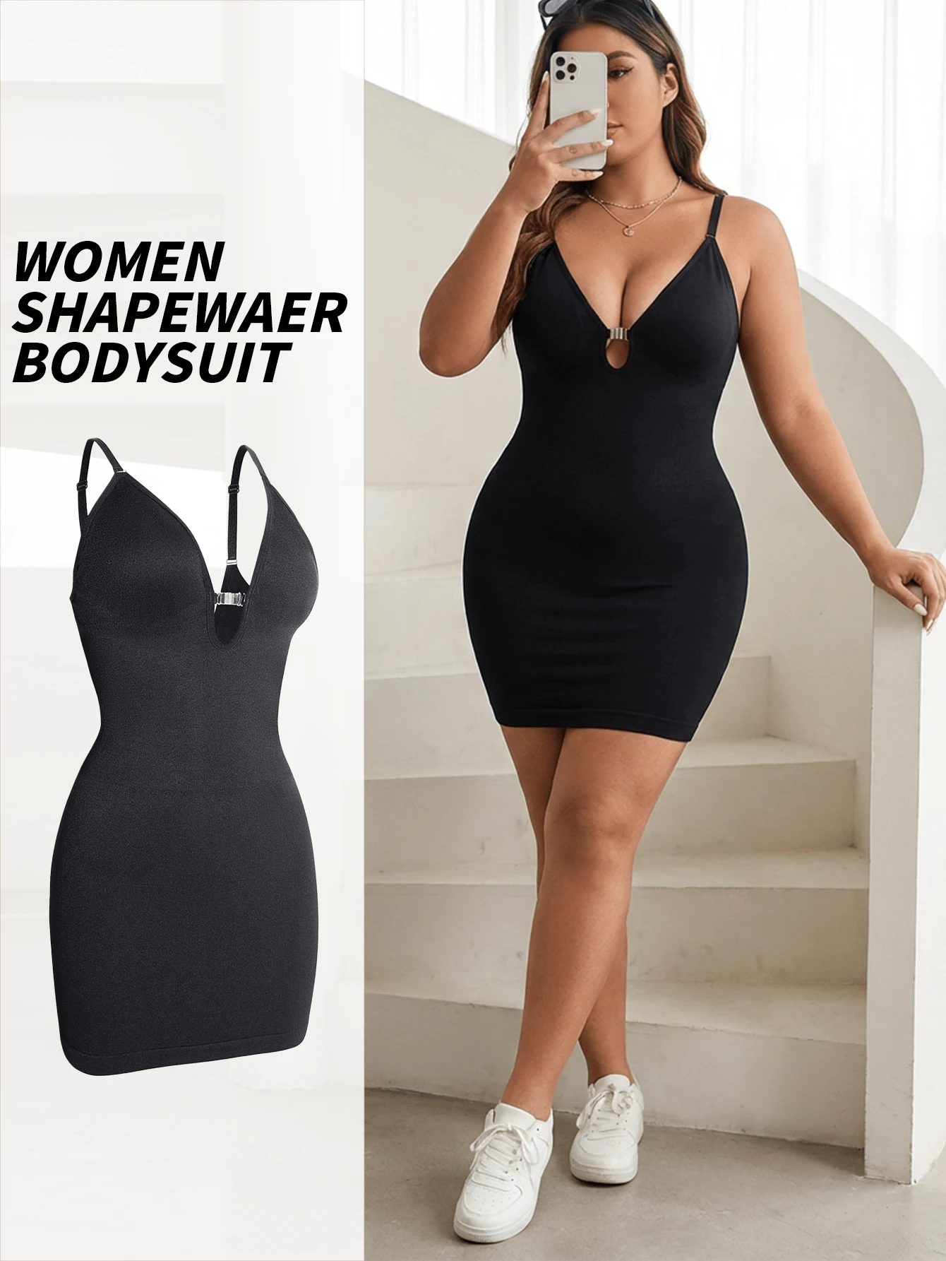 Plus Size Women Seamless Camisole Shapewear Dress, Front Unzip Design Easy To Wear, High Waist Tummy Control Lifting Sexy Bodycon Dress - Black - View 1