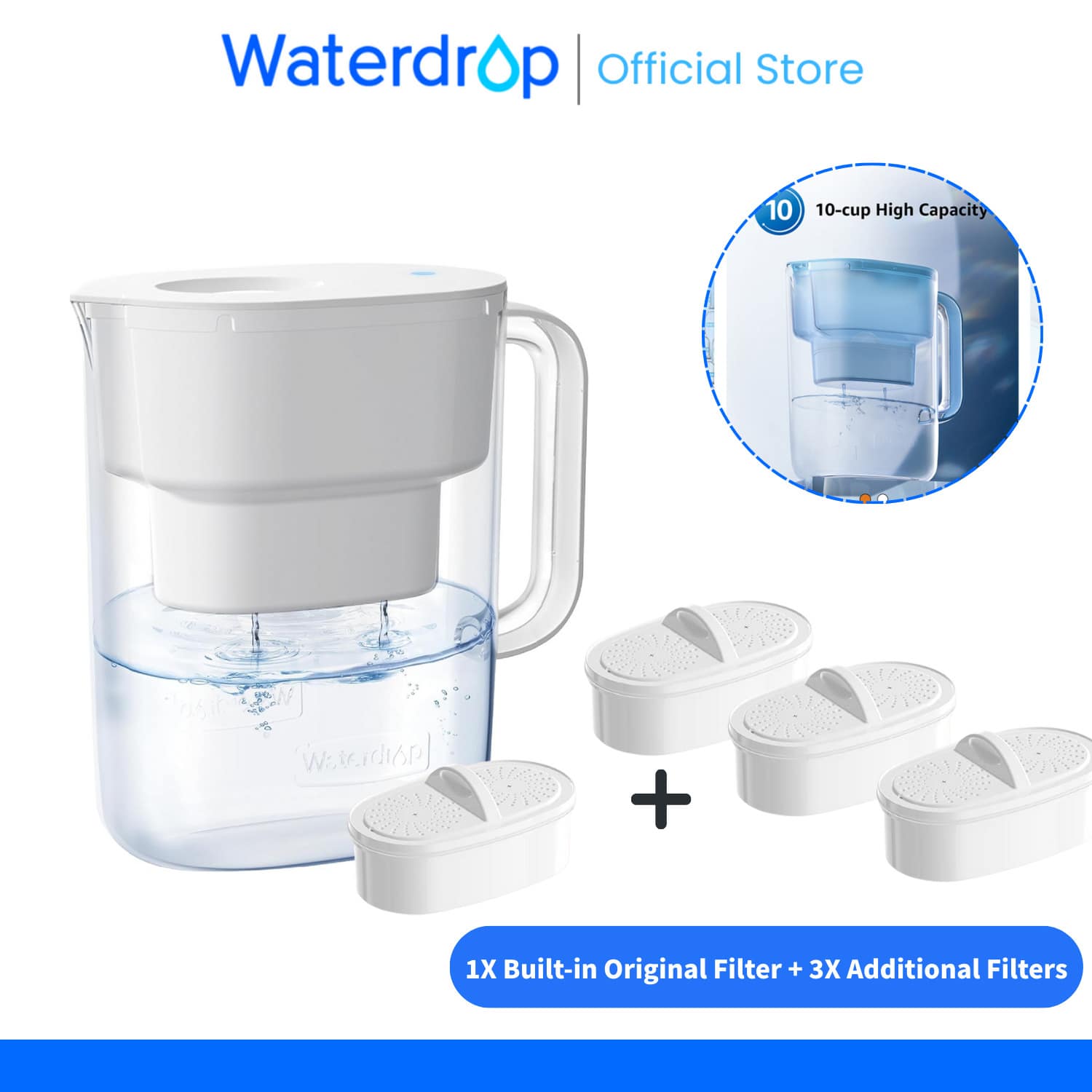 Waterdrop Water Filter Pitcher With 4 X 90-Day Filters, 3.5 L, Reduces Fluoride, Chlorine And More, NSF Certified, 1 X Built-In Original Filter + 3 X Additional Filters (Replacement Filter: WD-PF-01A Plus)