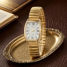 Women's Vintage Business Casual Quartz Watch - Elegant Barrel-Shaped Dial, Elastic Band, Minimalist Fashion Wristwatch For Daily Office & Daily Wear - Vàng - Xem 2