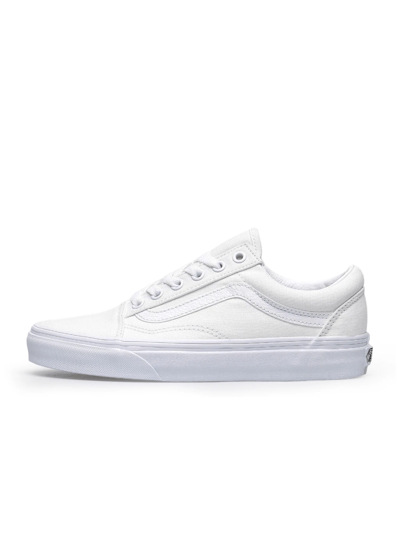 Vans Old Skool True White 男女通用滑板鞋采用经典的低帮帆布/皮革鞋面、系带设计、耐用鞋底、柔软内衬，外观时尚百搭，适合上学、滑板、散步和日常休闲穿着。 - 白色 - 查看 1