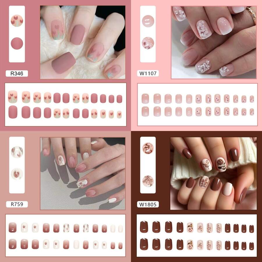 4 Boxes 96Pcs Short Squoval Press On Nails Blush Nude Matte Tulip Press On Nails, 24PCS Short Oval False Nails, Elegant & Gentle Ready-To-Wear Fake Nails For Women & Girls, Salon Quality Easy Apply Removable For Spring Summer Daily, Date, Wedding, Party Manicure.Kit De Uñas Acrílicas,Nail Kits,Christmas Nails Press On,Classy Nail Supply,Gel X Nails. - 混合裝613 - 查看 1