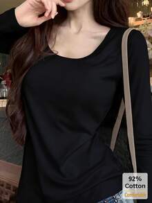 2pcs/Set Women's Long Sleeve T-Shirt, Versatile Autumn/Winter, Deep U-Neck Solid Color Undershirt