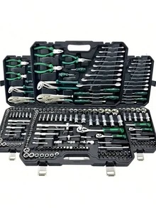 46件套高级专业工具套装，汽车/自行车维修技师工具组，包含1/2英寸、1/4英寸、3/8英寸驱动深套筒和标准套筒，赛车级汽车零件棘轮扳手，经久耐用，适用于全面的汽车和家居维修，高级棘轮扭矩扳手和螺丝刀套装 - 超紧凑，汽车、自行车和摩托车维护的一体化解决方案，多功能且易于使用。 - 彩色 - 查看 2