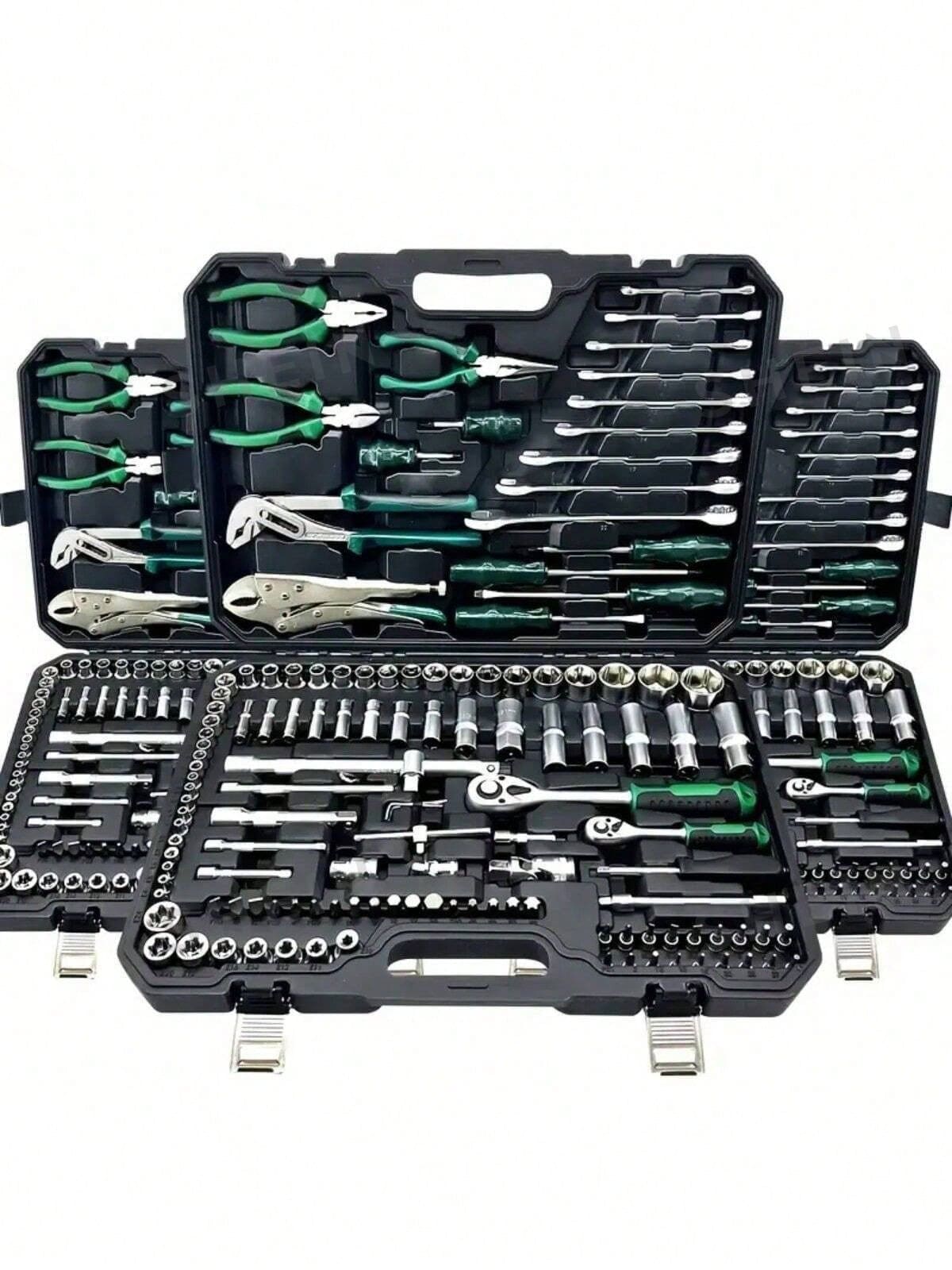 46件套高级专业工具套装，汽车/自行车维修技师工具组，包含1/2英寸、1/4英寸、3/8英寸驱动深套筒和标准套筒，赛车级汽车零件棘轮扳手，经久耐用，适用于全面的汽车和家居维修，高级棘轮扭矩扳手和螺丝刀套装 - 超紧凑，汽车、自行车和摩托车维护的一体化解决方案，多功能且易于使用。