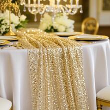 1pc Gold Sequin Table Runner, Dining Table Decor, Wedding Decoration Fabric, Sparkling Gold Table Cloth For DIY Party Decoration, Suitable For Wedding, Birthday, Housewarming, Romantic Date, Reception, Christmas, Valentine's Day, Ramadan And Other Holidays - Gold - View 11