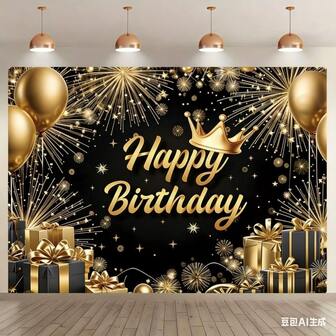 1pc Elegant Black & Gold Birthday Party Backdrop Banner, Polyester Material, Multiple Sizes, Gold Balloon Crown & Fireworks Birthday Theme, Suitable For Birthday Party, Theme Party, Anniversary, Party Decor, Party Photography Background, Universal Theme, No Electricity Required