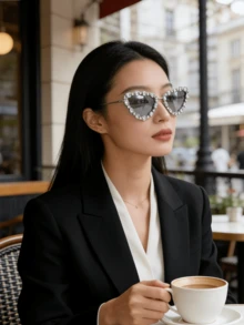 1副金属猫眼水钻装饰女士日常及节日时尚眼镜，水钻点缀金属猫眼时尚眼镜，奢华个性化几何三角形手工钻石时尚眼镜 - 銀色 - 查看 7