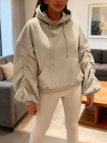 女士新款卡其色抽绳袖侧褶落肩长袖宽松套头衫，时尚简约休闲运动骑行跑步户外基础款卫衣，秋冬款 - 卡其色 - 查看 4