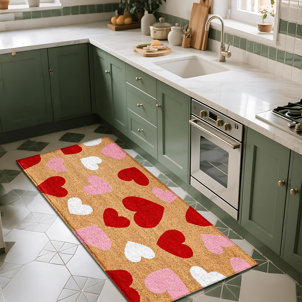 1pc Heart Pattern Printed Rug, Faux Wool Mat - Highly Absorbent, Easy To Clean, Suitable For Home Decor, Farmhouse, Entryway, Indoor, Room, Kitchen, Dining Room, Small Office/Home Office, Sink, Laundry Room, Doormat, Kitchen Mat, Non-Slip Mat