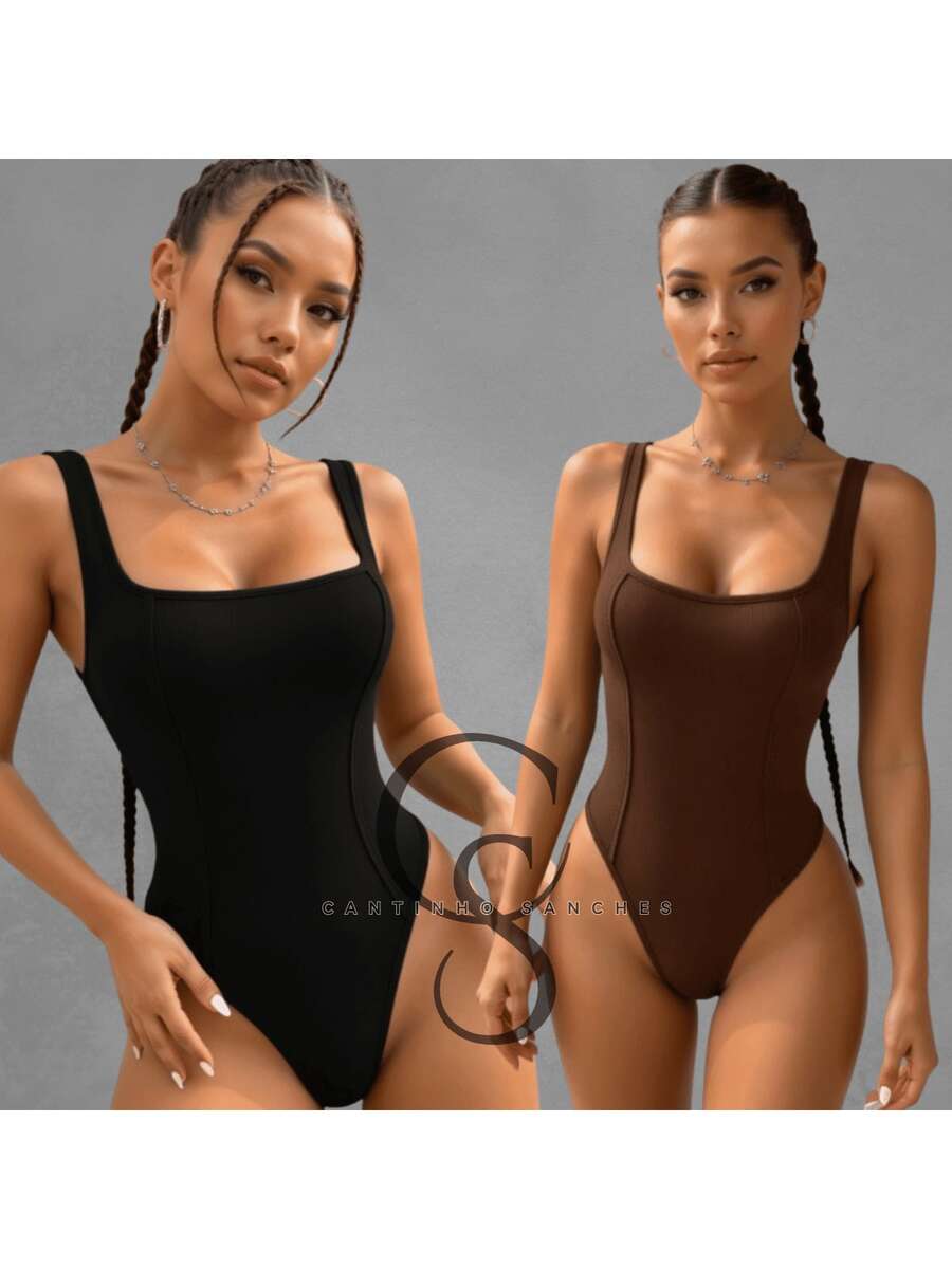 Kit Of 2 Women's Tank Top Bodysuits With Square Neckline And Ribbed Trim, Premium Fashion Bodysuit - BLACK BROWN - View 1