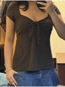 Women's Polka Dot Bow Front Square Neck Short Sleeve Blouse - 咖啡色 - 查看 2