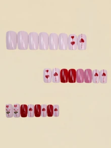 Bộ móng tay nghệ thuật ngày Valentine hình trái tim dễ thương, 24 móng giả, móng dán, móng giả phong cách Y2K, móng hồng và đỏ. - Hồng - Xem 2