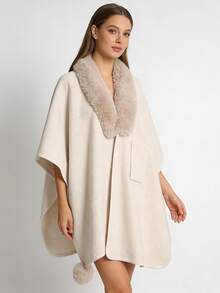 1 pièce Poncho châle à col en fourrure, couleur unie, avec cordon de serrage et gland, pour l'hiver, pour femmes - Multicolore - Voir 5