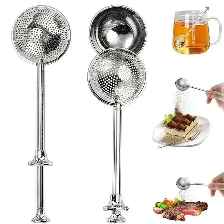 2 piezas Colador de té de acero inoxidable, Filtro de té tipo prensa con mango, Colador de té con bola a presión, Bola multiusos para el té, Colador de té con resorte, para hogar, oficina, restaurante, suministros de té, de vuelta a la escuela,Stainless Steel Tea Strainer, Infusor deé, Colador de Azúcar en Polvo, se Puede Utilizar para Filtrar Hojas deé,Especias,Condiment - Plateado - Ver 1