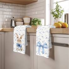 2 piezas Paños de cocina diarios simples con estampado de conejo de flores azules, material de poliéster suave, adecuados para decoración de cocina, limpieza, decoración de fiestas, artículos esenciales de cocina y baño, decoración del hogar, regalo de inauguración de la casa - Multicolor - Ver 7