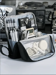 Large Capacity Multifunctional Makeup Bag, Can Be Placed Upright, High Cost-Effective Storage Bag, Compartmentalized And Layered Design, Portable Multifunctional Toiletry Bag, Large Capacity High-Quality Washable Pencil Case, With Multiple Compartments And Mesh Pockets. - Multicolor - View 3