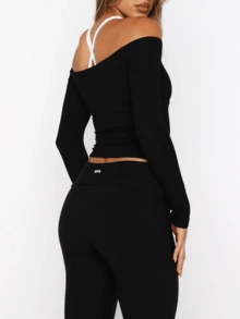 Long Sleeve Shirts For Women Fall Boat Neck Ribbed Knit Ruched Slim Fitted Going Out Tops Casual Solid Color Basic Tees Yoga Gym Workout Shirt Top - 黑色 - 查看 4