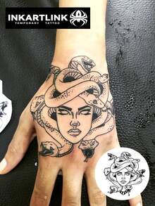 INKARTLINK 革命性纹身技术，半永久纹身，逼真纹身，美杜莎，戈耳工，伤心人纹身，临时纹身，假纹身，防水，外观逼真，小众设计纹身，果汁纹身，植物纹身 - 黑色 - 查看 3