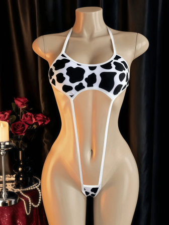 A Set Of Women's Sexy Underwear Sexy Underwear Neck Leopard Print Jumpsuit Thong