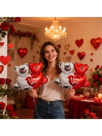 10个/套 16英寸心形拥抱泰迪熊铝箔气球套装，适用于周年纪念、婚礼、情人节装饰