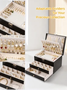 Brodark صندوق مجوهرات جلدي فاخر ثلاثي الطبقات، صندوق تخزين مجوهرات كبير السعة للعقود والأقراط والأساور والخواتم، شائع على الإنترنت - الأسود - مشاهدة 3