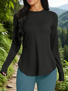 1pc Women's Outdoor Training, Running, Hiking, Walking, Minimalist Side Slit Fitness Long Sleeve Top, Yoga Wear, All Season - Black - View 2