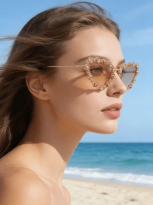 AOOBCC 1 件装金属猫眼水钻装饰时尚女士眼镜，时尚日常和节日穿着，奢华水钻装饰猫眼金属框架时尚眼镜，独特的派对和 T 台金属蝴蝶风格时尚眼镜，几何手工水钻时尚眼镜，适合跨境时尚风格 - 香檳色 - 查看 2