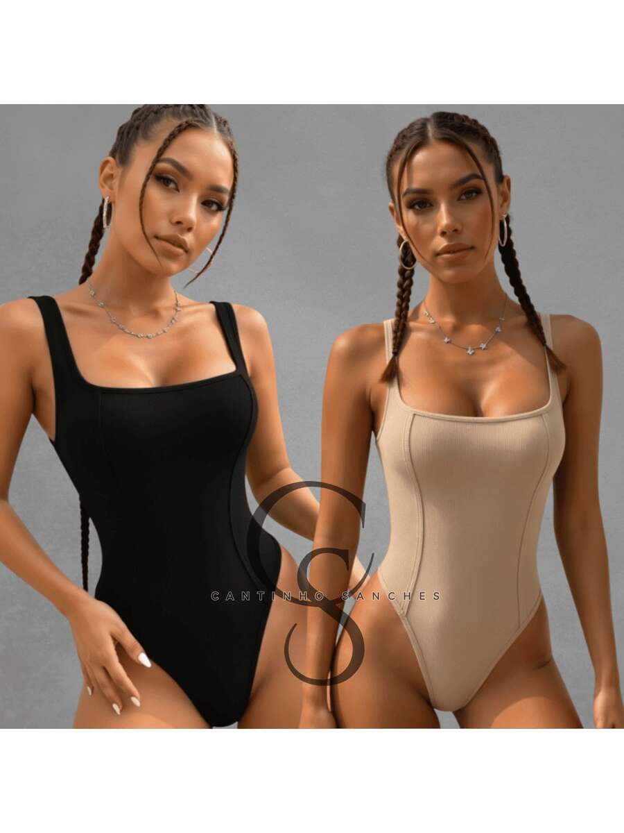 Kit Of 2 Women's Tank Top Bodysuits With Square Neckline And Ribbed Trim, Premium Fashion Bodysuit - BLACK NUDE - View 1