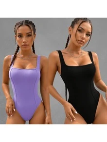 Kit Of 2 Women's Tank Top Bodysuits With Square Neckline And Ribbed Trim, Premium Fashion Bodysuit - BLACK LILAC - View 1