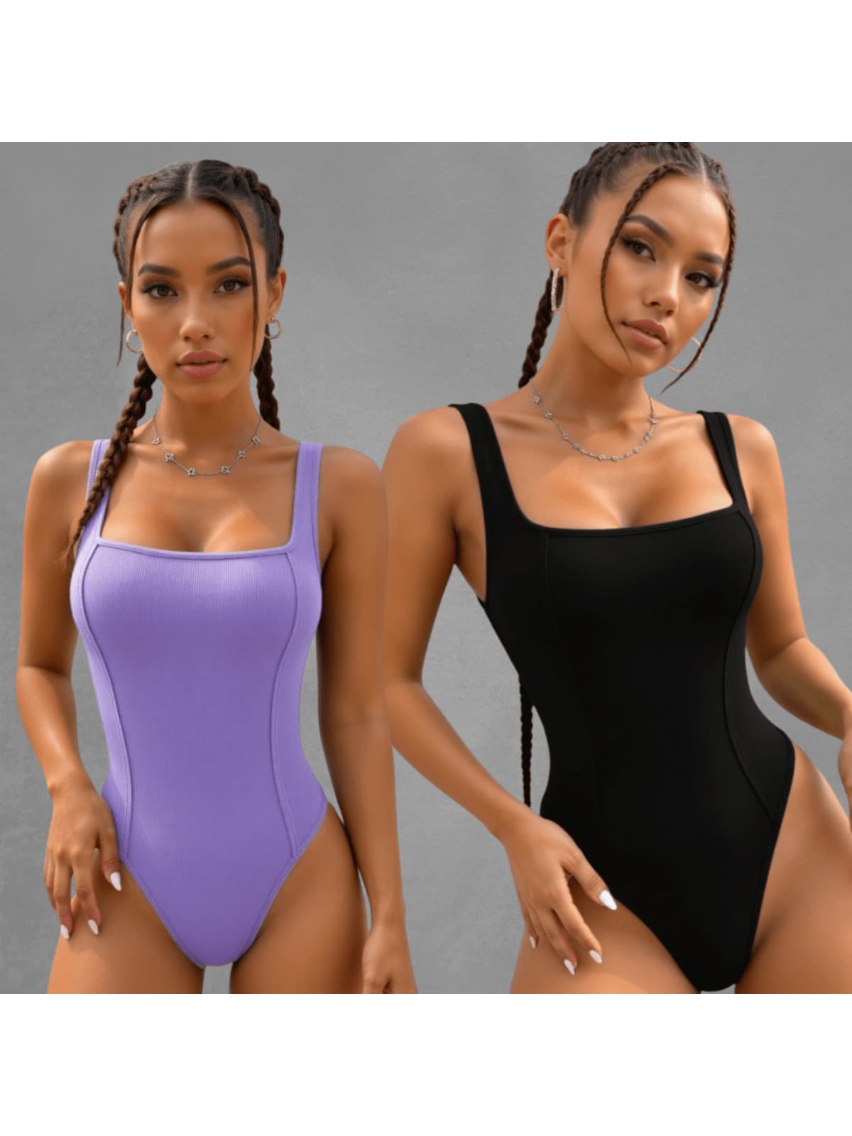 Kit Of 2 Women's Tank Top Bodysuits With Square Neckline And Ribbed Trim, Premium Fashion Bodysuit - BLACK LILAC - View 1