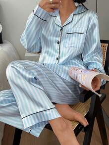 2pcs/Set Women Blue Striped Long Sleeve Pajama Set - Blue - View 3