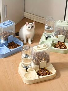 2-In-1 Cat Food And Water Bowls Set, Dry And Wet Separation, Durable Plastic Material, Pet Feeding And Watering Station, Easy To Clean, Suitable For Various Pets To Supplement Water And Healthy Feeding.