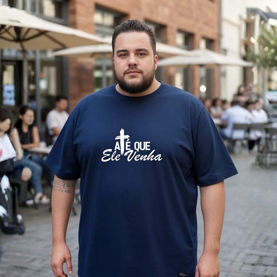 Plus Size Christian T-Shirt "Until He Comes" Premium 100% Cotton Knit Shirt - 藏蓝色 - 查看 1