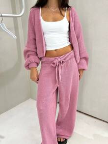 Chic Women's Sweater With Ribbed Collar, Wrist-Length Sleeves, And Long, Stretchy Pants - Rosa - Ver 1
