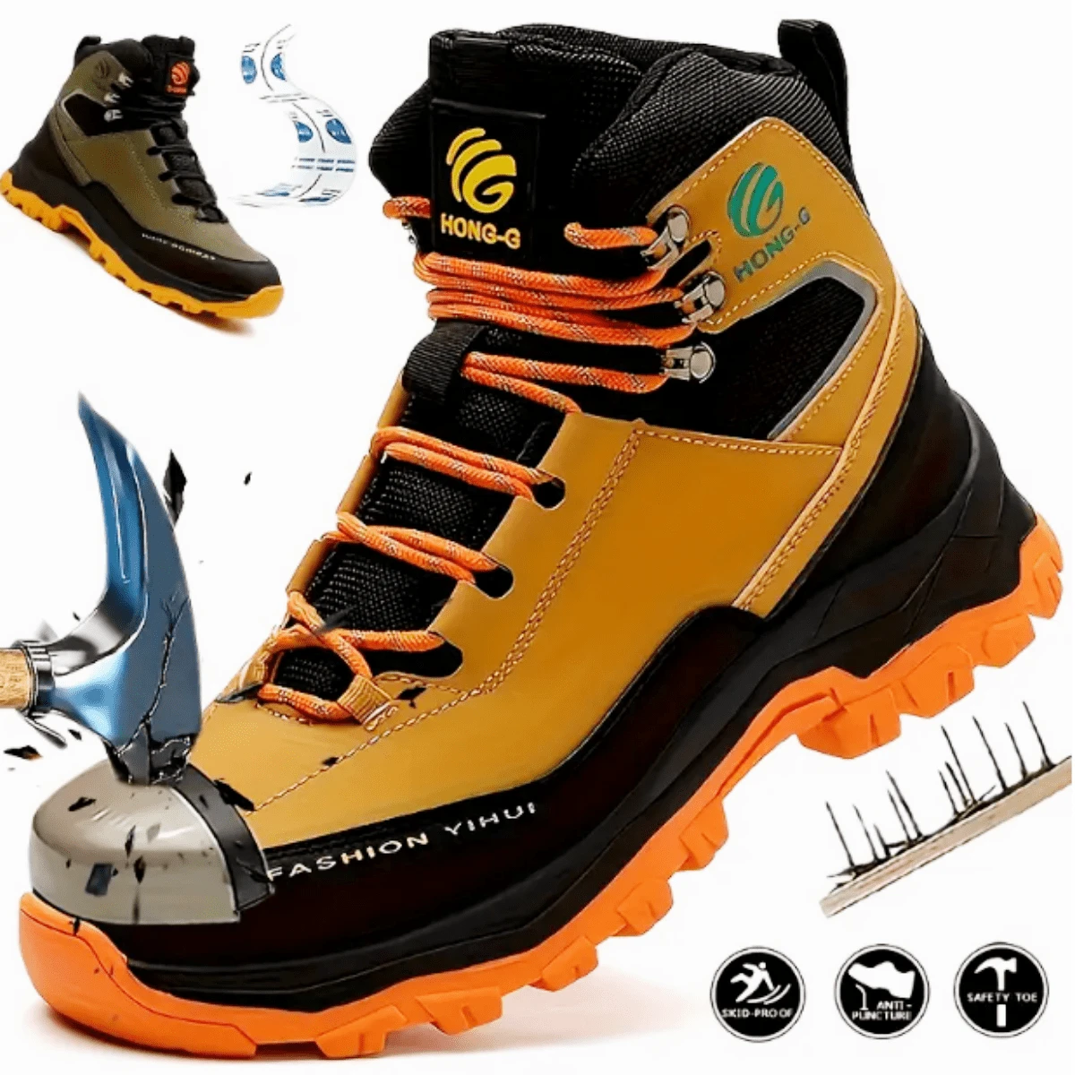 Men's Steel Toe Shoes Waterproof Soft Durable Work Boots Indestructible Comfortable Work Boots Anti-Slip Work Shoes Women's Work Shoes - 黃色 - 查看 1