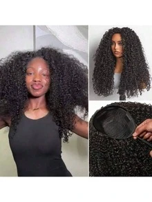 CEXXY Half Wig, 3-In-1 Curly Wigs For Women, 200% Density Glueless Curly Human Hair Wigs For Travel, Seamless Flip Headband Wig With Drawstring, Beginner-Friendly, Headband Wig With Curly Human Hair For Women, Glueless Wigs For Travel, Lace Front Wig, Wig Without Glue, Beginner-Friendly, Natural Color, Headband Wig For Daily Use - Natural Black - 查看 1
