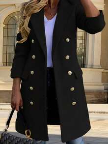 Women's Wool-Like Fabric Overcoat With Peak Lapels And Double Button Detail Long Sleeve Regular Fit Jacket, Casual For Autumn/Winter Black - Black - View 6